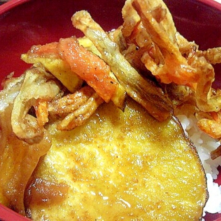 残った野菜のかき揚げとサツマイモの簡単天丼